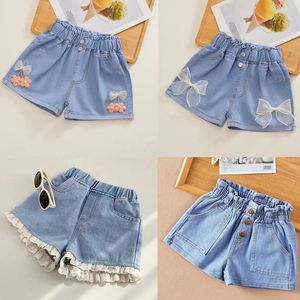 Yaz Kids Kısa Denim Şort Kızlar Moda Kız Kısa Prenses Kot Pantolon Kızlar Şort Çiçek Kız Giysileri 240418