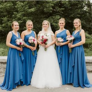 2024 New Blue Bridesmaid Dresses v Neck One Shoulder Tiered Chiffon Skirt Sweep Train Custom Made Plus Size Maid of Honor 가운