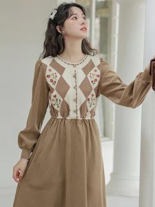 Casual Dresses Vintage Korean Women Woolen Knitted Stitching Dress Autumn Winter Puff Sleeve Mori Girl Slim Waist Midi Long Vestido Festa