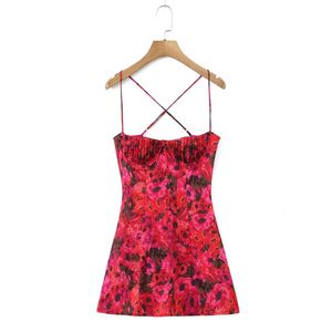 6894 Spring Womens klädstil utanför halsen tredimensionell stålring tryckt Suspender klänning kort kjol