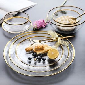 Tallrikarplattor Tallrikar Luxury Gold Inlay Glass Dinner Plate Sallad Bowl Servering Cake Snack Dish Dessert 230826