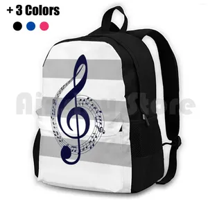 Backpack Navy Blue Music Notes On Silver Gray And White Stripes Outdoor Hiking Riding Climbing Sports Bag Treble