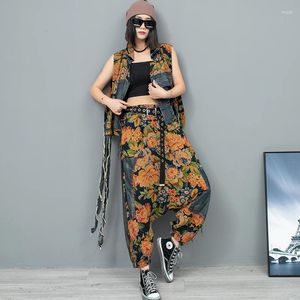 Kvinnors byxor 2st vintage design lapptäcke matchande set kvinnor denim skarvad ärmlös outfit cross-bants high street tryck kit
