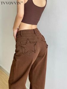 Women's Jeans TVVOVVIN American Five-pointed Star Spicy Girls High Waist Loose Wide Leg Design Street Pants Floor Dragging IE45