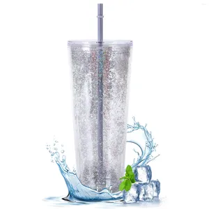 Tumblers A 700ML Double Laser Glitter Cup Grey Straw Plastic With