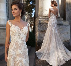 Dresses Milla Nova Blush Pink Wedding Gowns A Line Cap Sleeves Full Lace Appliques Sheer Back Sweep Train Plus Size Formal Bridal Gowns