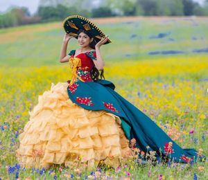 Turkusowa niebieska księżniczka meksykańska Charro Quinceanera sukienki z ramionami marszczenia kwiatowe hafty vestido 15 anos quinceanera