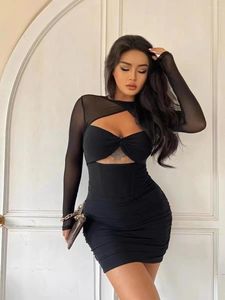 Casual Dresses 2024 Early Autumn Fashion Ins Sexy See-through Hollow Sheath Long Sleeve Dress Retro Graceful Formal