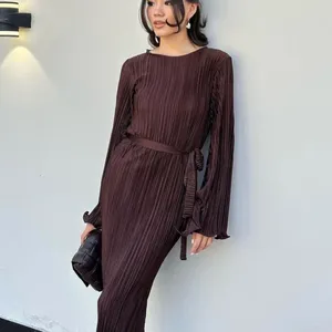 Casual Dresses Y2K INS Elegant Fashion Long Sleeve O Neck Lace Up Folds Evening Graduation Dress Autumn Winter Party For Women 2024