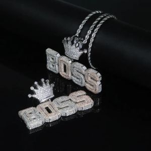 Iced out letter boss pendant with full cz paved two tone plated necklace for women men hip hop punk styles jewelry drop ship291u