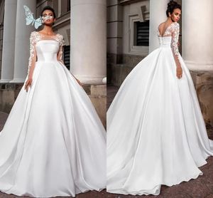 Fashion White Satin Wedding Gowns Floral Lace Appliqued Long Sleeves Sheer Neck Robes de Mariee Simple Boho Garden Sweep Train A Line Bridal Dress Modern AL9918