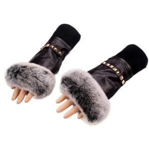 Höst- och vinterkvinnors fingerlösa handskar Lady's äkta läderkanin päls mittens vinter varma fårskinnhandskar