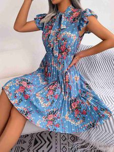 基本的なカジュアルドレス女性エレガントな花柄の弓スリムウエストプリーツドレス夏のプリーツドレス