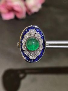 Cluster Rings Natural Plain Emerald And Sapphire Ring 18K White Gold With Diamond Fine Women Jewelry Vintage