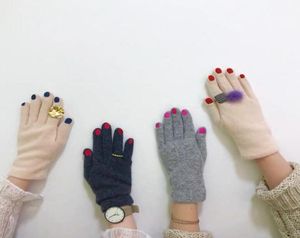 Five Fingers Gloves Japanese Women Funny Nail Pattern Embroidery Winter Warm Thicken Faux Wool Cycling Driving Solid Color Mittens3291725
