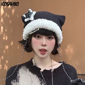 Kawaii Patchwork Knitted Beanie Hat Ins 3D Star Fairy Knitting Cap Autumn Cat Ears Pointed Women Hats Y2K Grunge Streetwear 240412