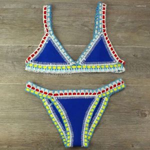 Damskie bikini ręcznie szydełkowane dzianinowe patchwork stroju kąpielowa kobiety na plażę na plażę wakacje kantar