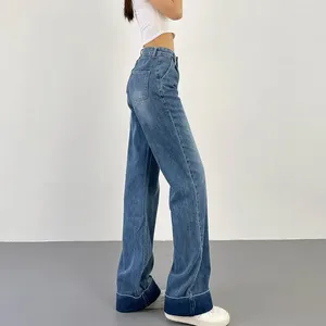 Women's Jeans Spring/Summer TVVOVVIN Curled 2024 High Waist Straight Leg Loose Versatile Casual Pants Floor Dragging NRTU