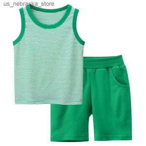 T-shirt nuovissimi 2024 Summer Set Boys Suit Washeveless Cotton Gret + Shorts Shorts Abbigliamento per bambini Vedi Beach Wear 2PCs Dropship Q240418