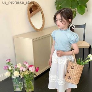 T-shirts 2023 Summer Top T-shirts O-neck collar puff sleeves childrens skiing A-line ankle length pleated hem cotton sweet fashionable design girl Q240418