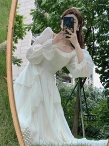 Vestidos casuais Vintage Fairy Chiffon Long Dress Women Women White, elegante festa francesa Midi Puff Sleeve feminino Roupas