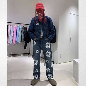 DENIM Trendy Men S Style Vintage Cotton Print Graffiti High Street Straight Leg Jeans Loose Pants