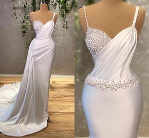 Modern White Satin Mermaid Wedding Dresses With Pearls Spaghetti Straps Boho Bridal Gowns Ruched Overskirts Second Reception Party Dress For Bride Robes CL1967