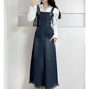 Casual Dresses Vintage Strap Denim Dress Women's Spring Summer Large Size A-Line Tassel Jeans Lady Y2K Long Streetwear Slim Sundress