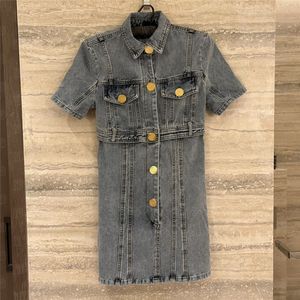 Designer Womens Denim Dresses with Waist Chain Gold Buckle Jean Skirts Short Sleeve Casual Dress Streetwear