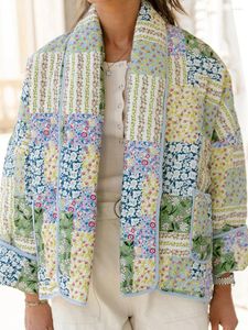 レディースジャケット女性Sクロップドパフジャケットコート長袖スタンドカラー花柄の軽量ビンテージパッド入りアウター
