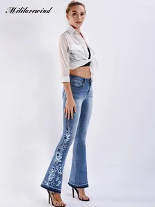 Dżinsowe dżinsy haft kwiatowy 3D Przemysł ciężki Spring Autumn Denim Spodni Kobiety Mid-Pistist Mrane Flare Y2K Pants S-4xl