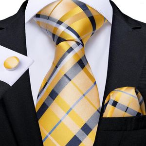 Bow Ties DiBanGu Mens Necktie Yellow Black Plaid Silk Wedding Tie For Men Hanky Cufflink Set Business Party Design Drop