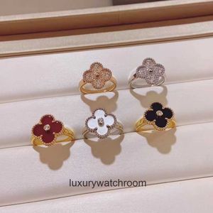 High -End -Schmuckringe für Vancleff Womens gegen Gold Lucky Clover Ring für Frauen natürliche weiße Fritillaria Red Chalcedon Volldiamantring Original 1: 1 mit echtem Logo