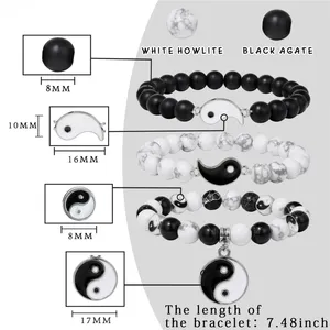 Strand 3pcs biały i czarny yin yang tai chi naturalny kamień hematytu koraliki krzyżowe Bracelety mężczyźni kobiety biżuteria