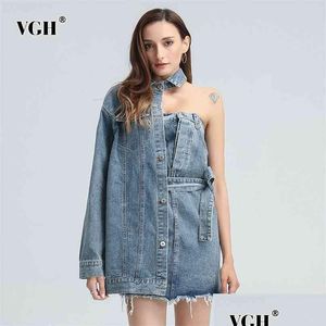 Grundläggande avslappnade klänningar Asymmetrisk denimklänning för kvinnor LAPEL Lång ärm Hålig ut arbete Tassel Streetwear Female Fashion Spring 2 Dhemx