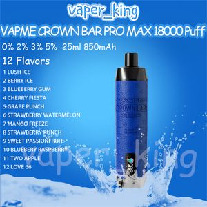 Vapme Crown Bar Pro Max 18000 Puff Einweg E -Zigaretten Mesh Spule 25ml Pod 850 mAh Batterie Elektronische Zigungen Puffs 18K 12 Aromen 0% 2% 3% 5% VALLE VAPE VAPE PIP KIT