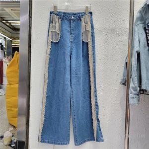 Kvinnors jeans 2024 Spring Model Style Heavy Industry Tassel Rhinestone High midja bredben Loose Pants Fashion Blue