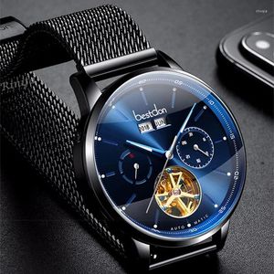 腕時計スケルトンスイススイストップオートマチックウォッチメンフルスチール製の水圧機械時計
