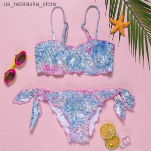 One-Pieces Mermaid swimsuit bikini sexy swimsuit set girl pendant sequin beach suit 2PCS baby clothing 5-12 years Q240418