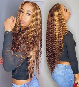Curly Human Hair Wig Honey Blonde Ombre 13x1 Brazilian Brown Color Deep Water Wave Hd Frontal Highlight Bob Lace Front Wigs3541263