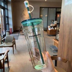 Vattenflaska 2021 Limited Edition Starbucks Mugs Classic Green Lid Double-Layered Glass Straw Cup Large Capacity265V L48