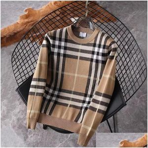 Mens Hoodies Sweatshirts 2023 Sweaters European Fashion Luxury Brand Plaid Round Neck Knitwear Autumn and Winter Thick Plover tröja Dhjgy