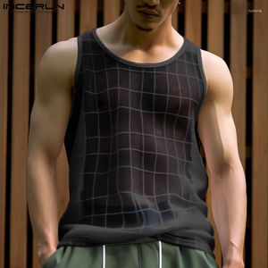 Herren Tank Tops Mode sexy Stil Incerun karierte Mesh Persönlichkeit Design Westen Casual Clubwear verkaufen O-Neck S-2xl