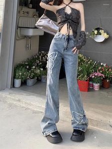 Kvinnors jeans American High Waist Street Wide Leg Kvinnor i full längd Y2K Pantalones Slim Butterfly Brodery Flare Pant Denim Vintage