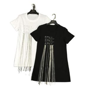 Nya kvinnor mode strass bokstäver Tassel personlighet kort ärm bomull medium lång desinger t-shirt toppar