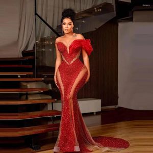 Party Dresses Africa Sparkly Beaded Sequins African Mermaid Prom Red Sexy Off Shoulder Formal Dress Black Women Wedding Gowns