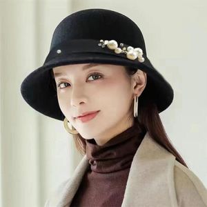 Berets Big Brim Flower Wool Felt Korean Style Gift For Ladies Wedding Girls Fisherman Hat Pearl Fedora Bucket Cap Panama