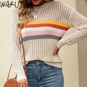 여자 스웨이터 wakuta colorblocked 줄무늬 간단한 캐주얼 스웨터 여성 빈티지 긴 소매 o 목 니트 풀오버 세련된 가을 2024 무지르