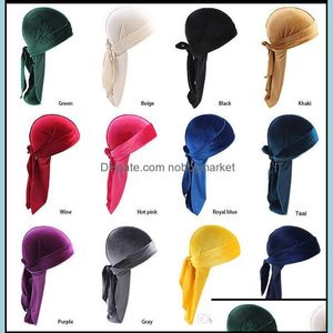 Beanie/Skull Caps 12 Färger Luxury Unisex Veet Durags Bandana Turban Hat Pirate Caps Wigs Doo Durag Biker Headwear Headband Hair Acces Otyp9