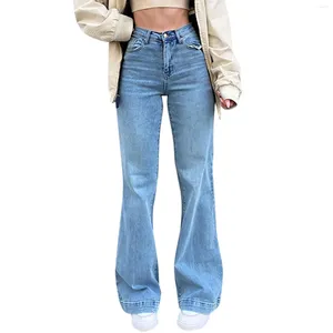 Calça feminina de jeans de cor sólida de alta colorida feminina Mulheres de bolso jeans de jeans slim Button Tamanho 12